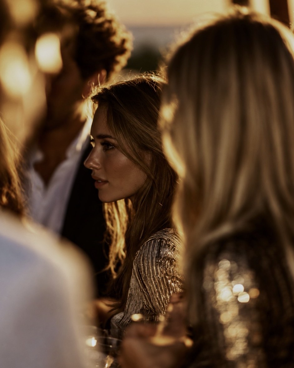 A woman in conversation at an evening table, between the other guests