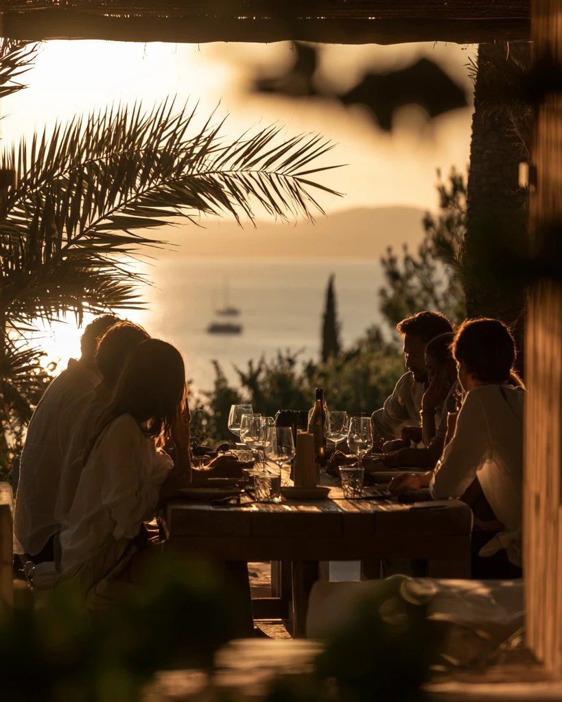 A long table at dusk seen through a doorway, the sea and a moored boat beyond